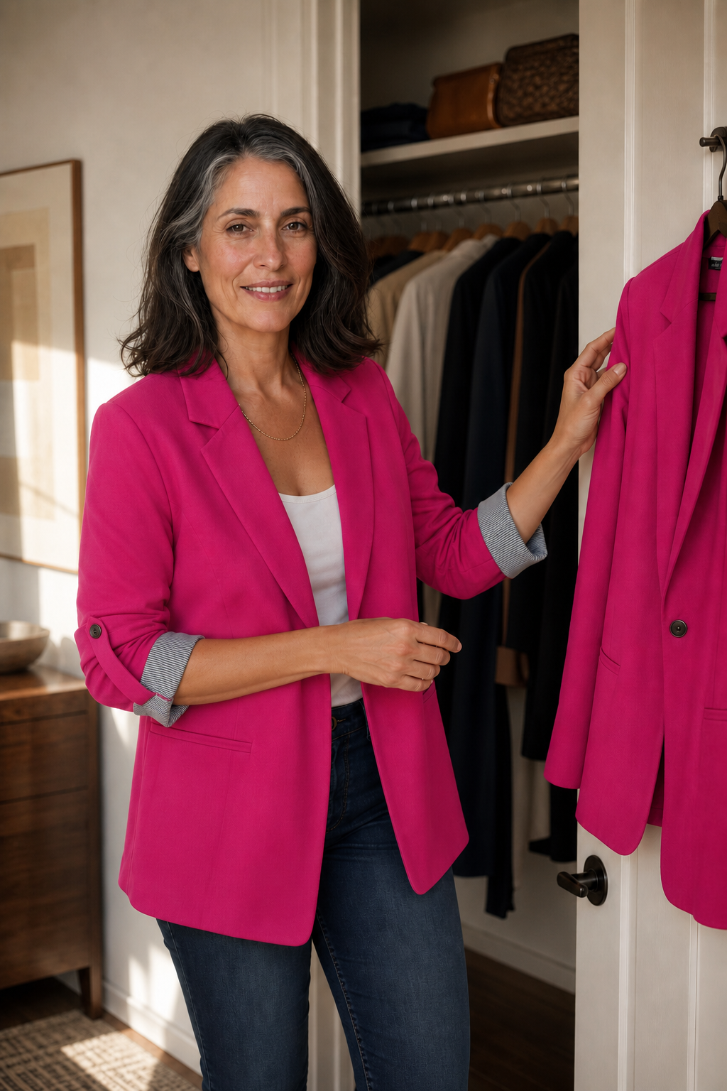 Woman wearing structured lapel blazer cardigan in fall outfit