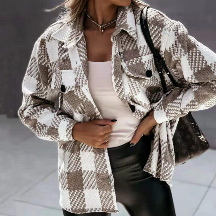 Women's black and white check shirt jacket with long sleeves