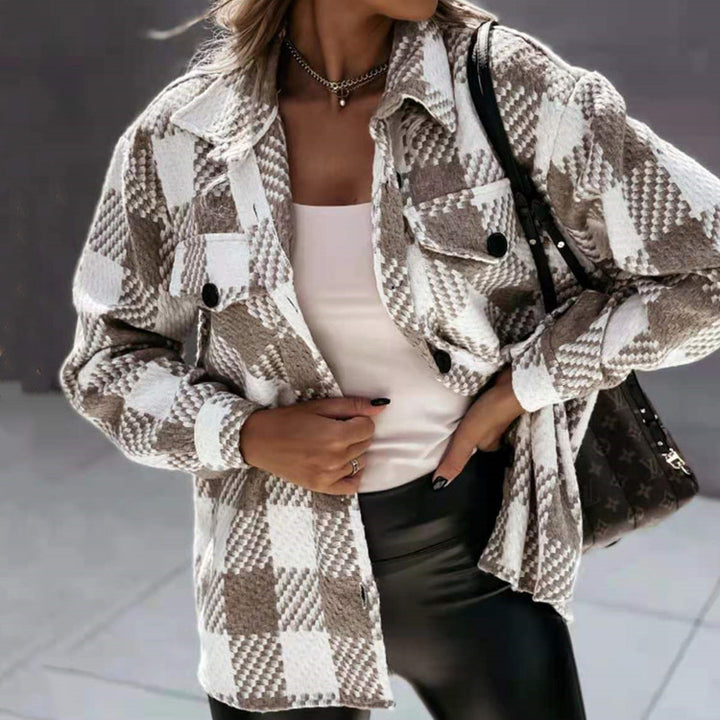 Women's black and white check shirt jacket with long sleeves