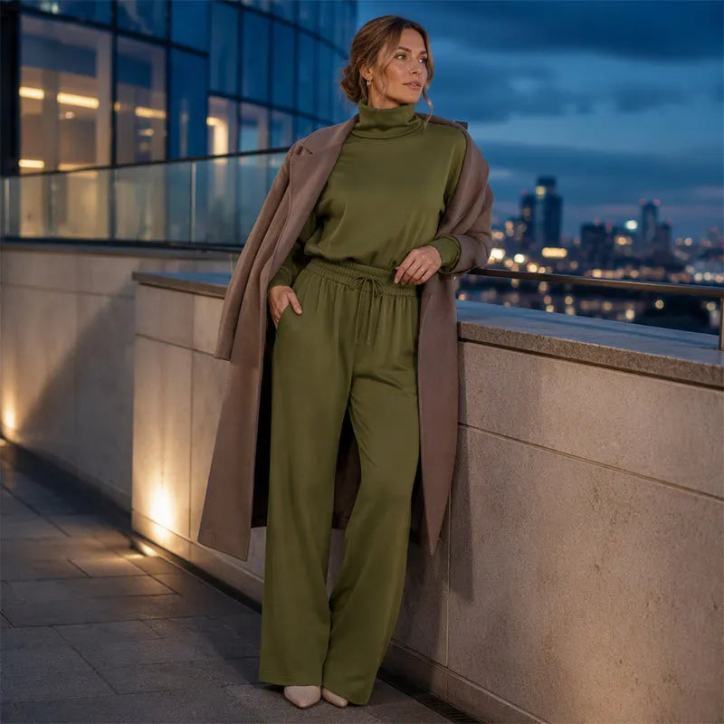 Woman wearing turtleneck two-piece set with wide-leg pants