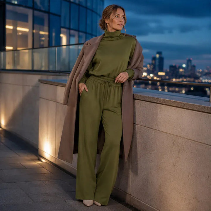 Woman wearing turtleneck two-piece set with wide-leg pants