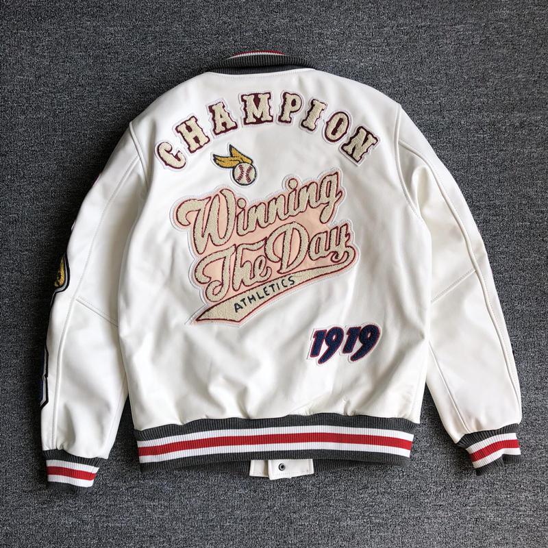 Men's leather bomber jacket with standing collar, front view