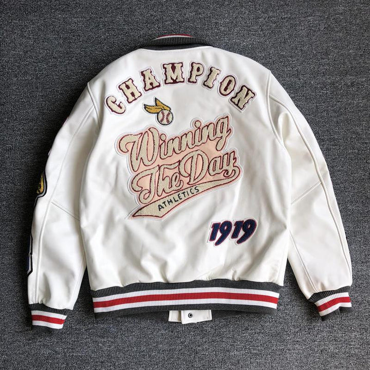 Men's leather bomber jacket with standing collar, front view