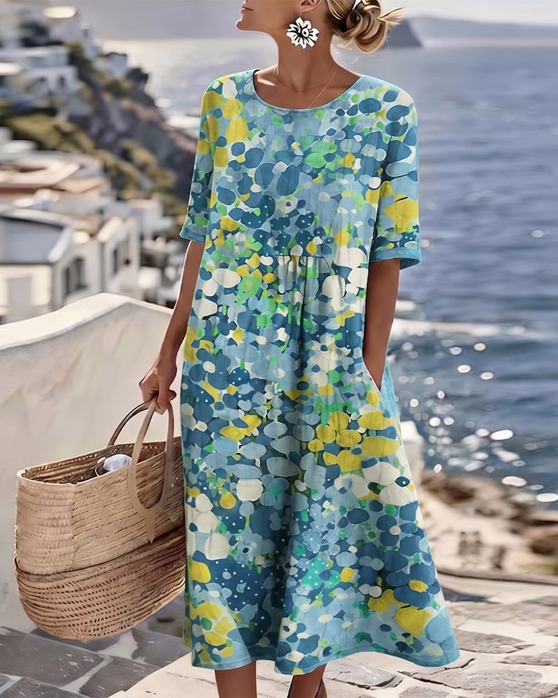 Woman wearing abstract floral print midi dress outdoors
