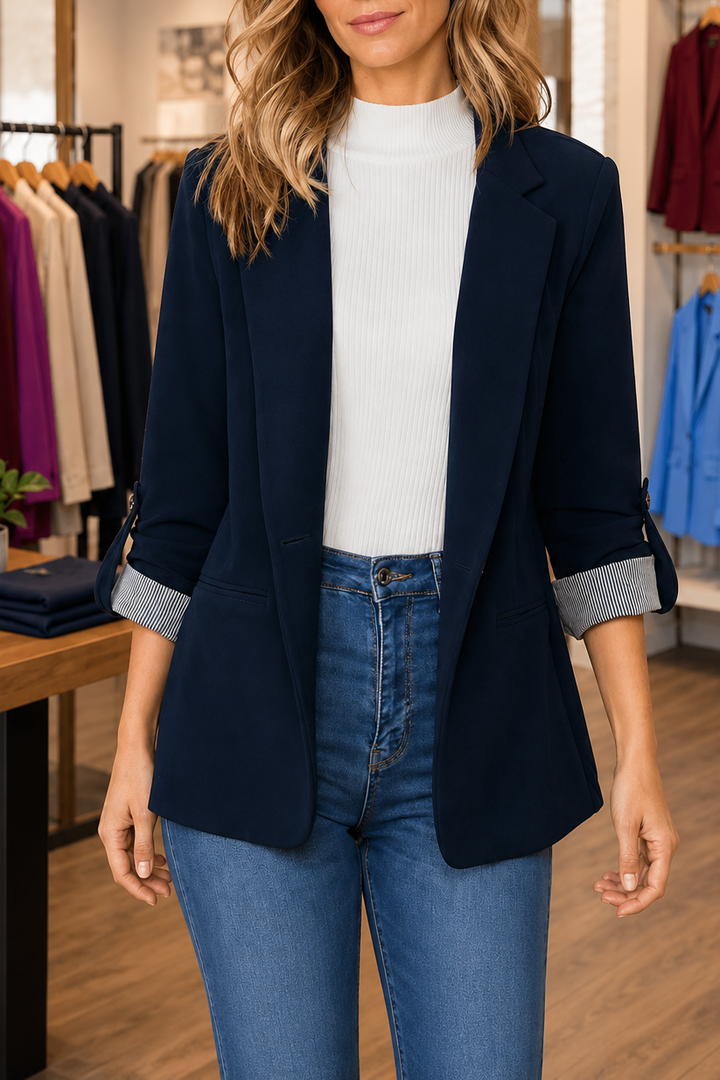 Woman wearing structured lapel blazer cardigan in fall outfit