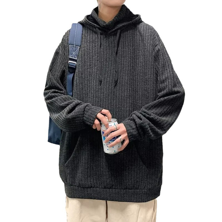 Men's black turtleneck hooded sweater front view