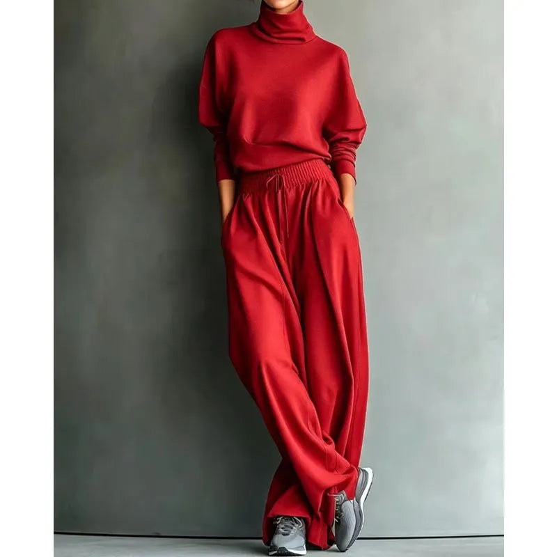 Woman wearing turtleneck two-piece set with wide-leg pants