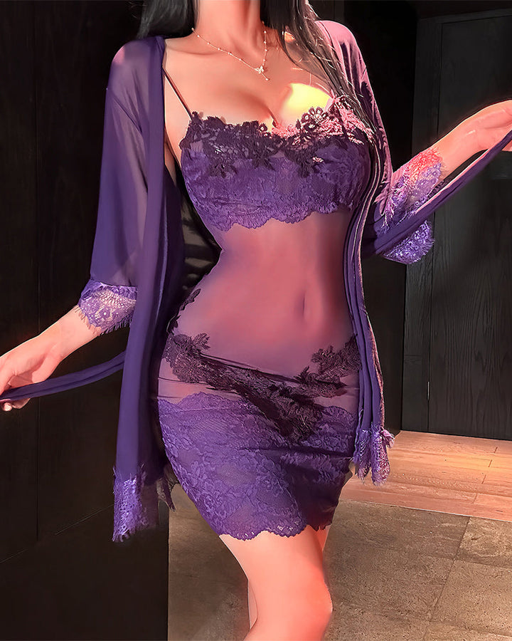 Woman wearing lace long sleeve nightwear set