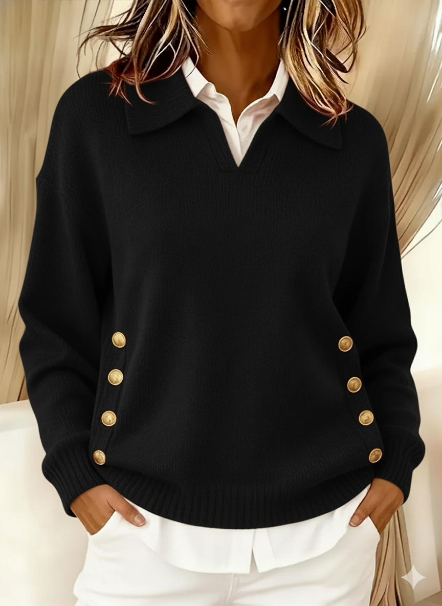 Woman wearing V-neck collared sweater with gold buttons