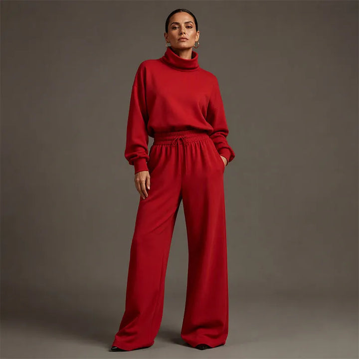Woman wearing turtleneck two-piece set with wide-leg pants