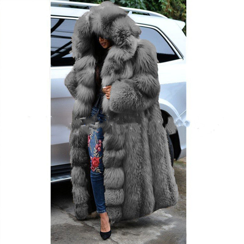 Women's long hooded faux fur coat, full-length front view