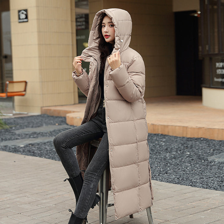 Long hooded down puffer jacket for women in winter