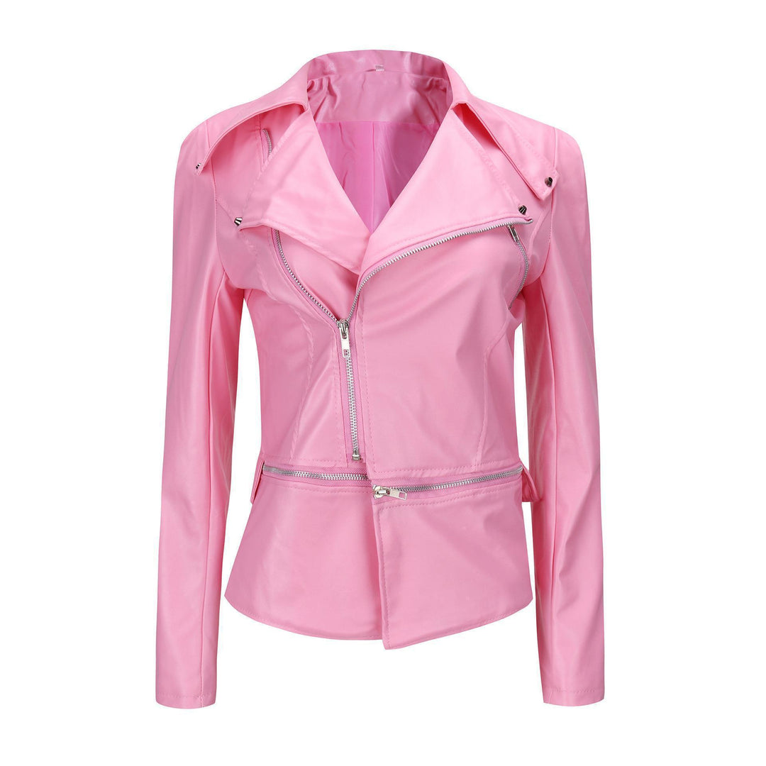 Women's black faux leather motorcycle jacket front view