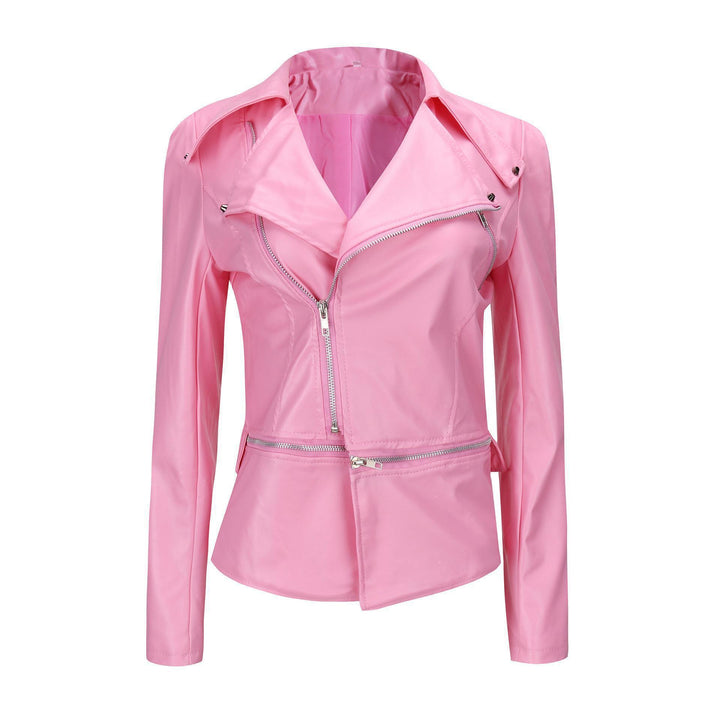 Women's black faux leather motorcycle jacket front view