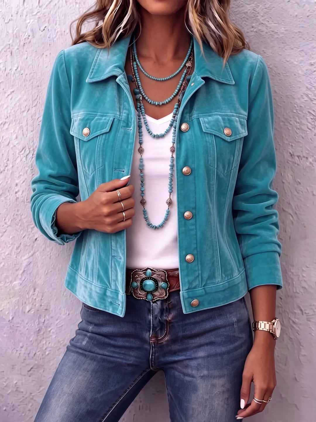 Woman in vintage wash button front jacket with chest pockets