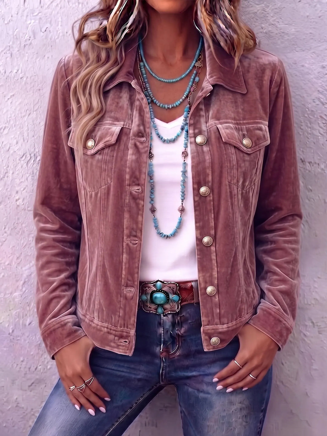 Woman in vintage wash button front jacket with chest pockets