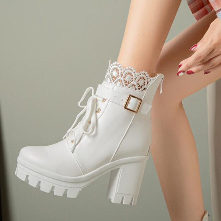 Women's black lace-up square heel ankle boots with side zip