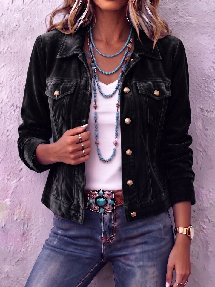 Woman in vintage wash button front jacket with chest pockets