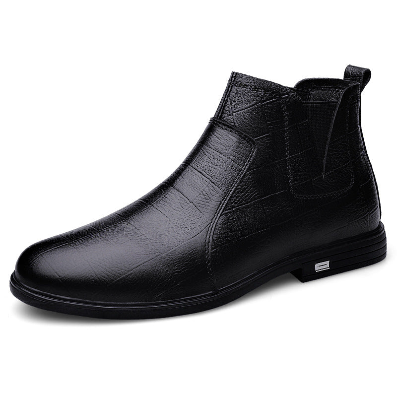Men's black leather boots with round toe