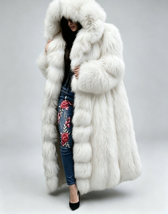 Women's long hooded faux fur coat, full-length front view