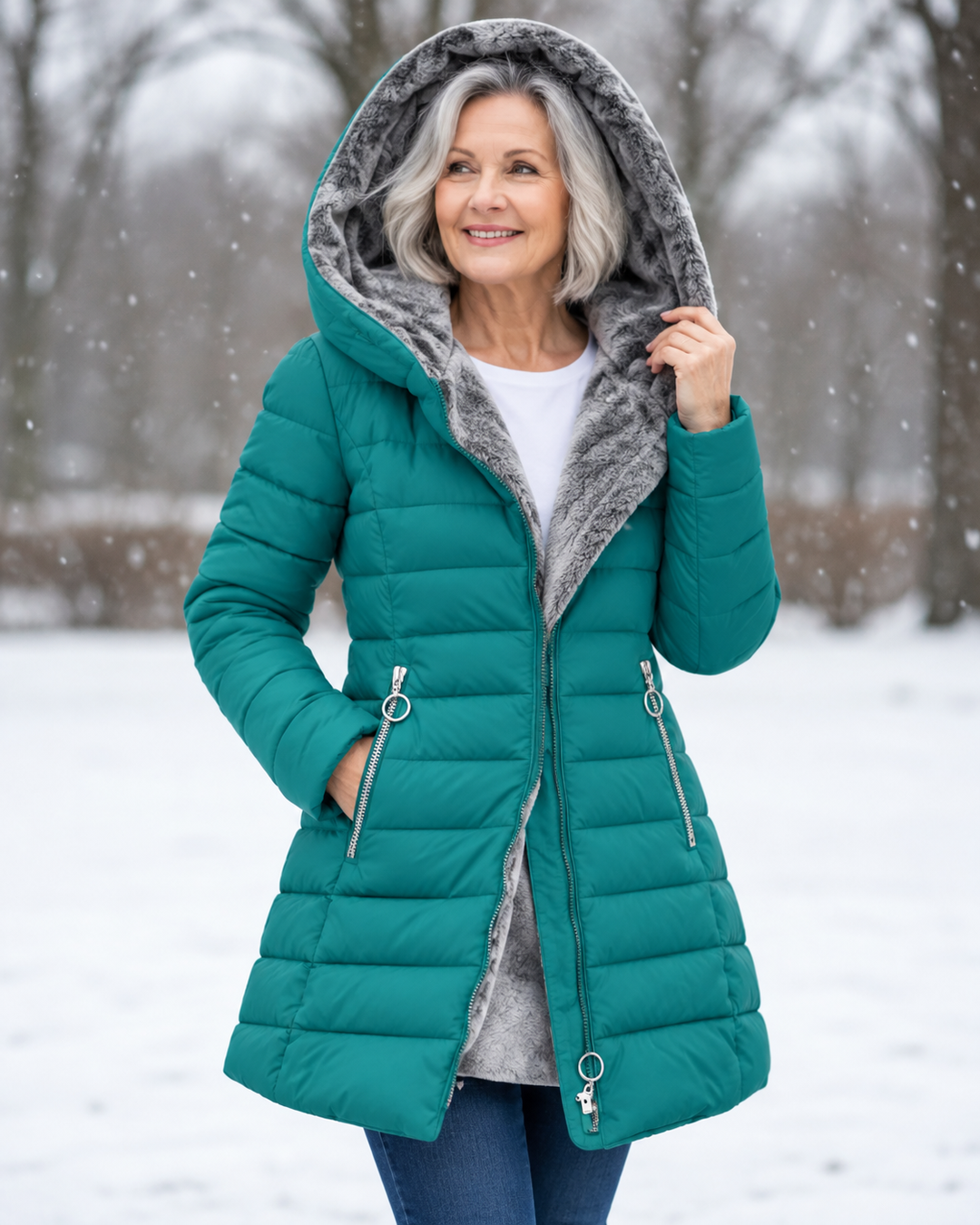 Woman wearing padded winter coat with hood