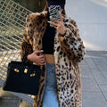 Lucy | Women's Leopard Print Faux Fur Long Coat with Lapel Collar and Open Front