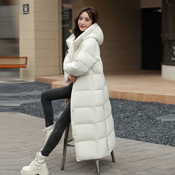 Long hooded down puffer jacket for women in winter