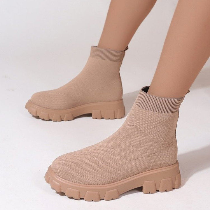 Women's low heel ankle sock boots with round toe