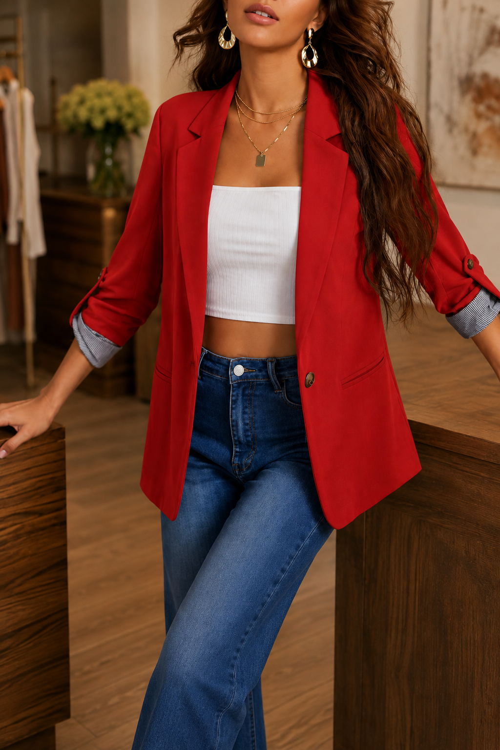 Woman wearing structured lapel blazer cardigan in fall outfit