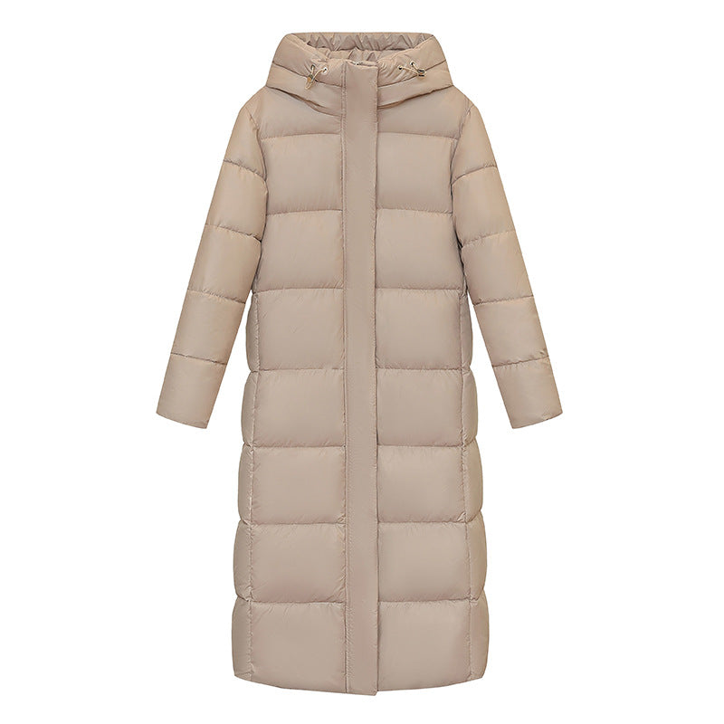Long hooded down puffer jacket for women in winter