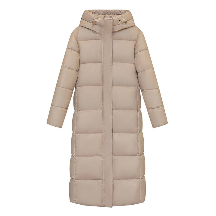 Long hooded down puffer jacket for women in winter