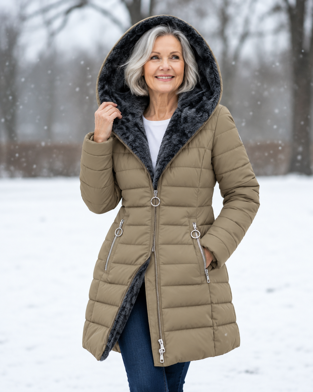 Woman wearing padded winter coat with hood