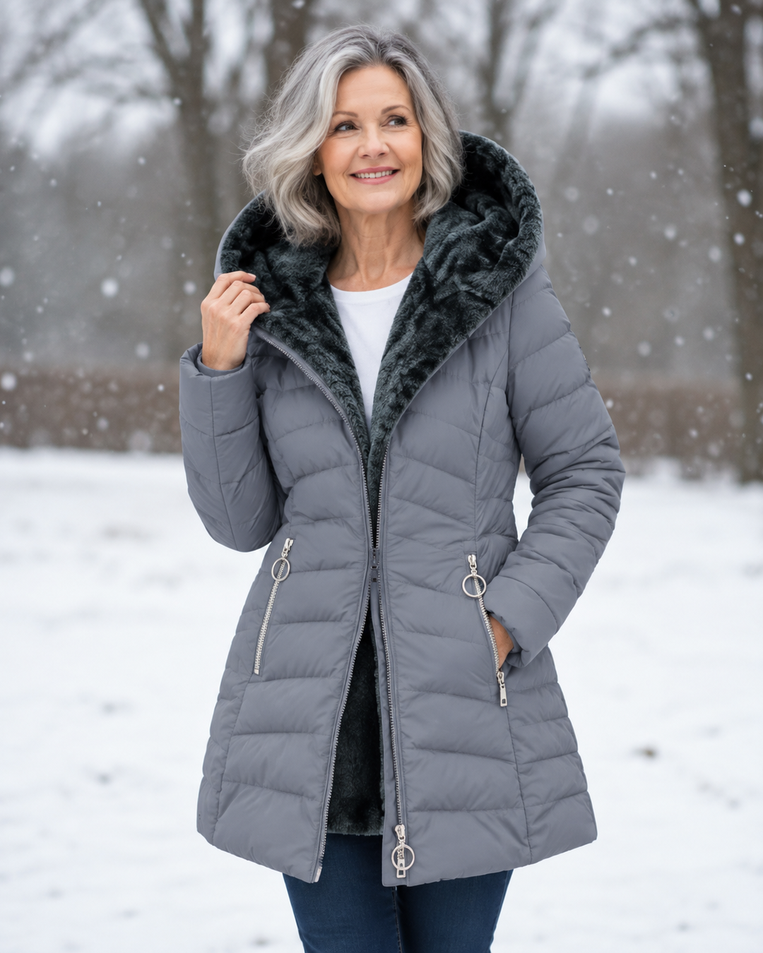 Woman wearing padded winter coat with hood