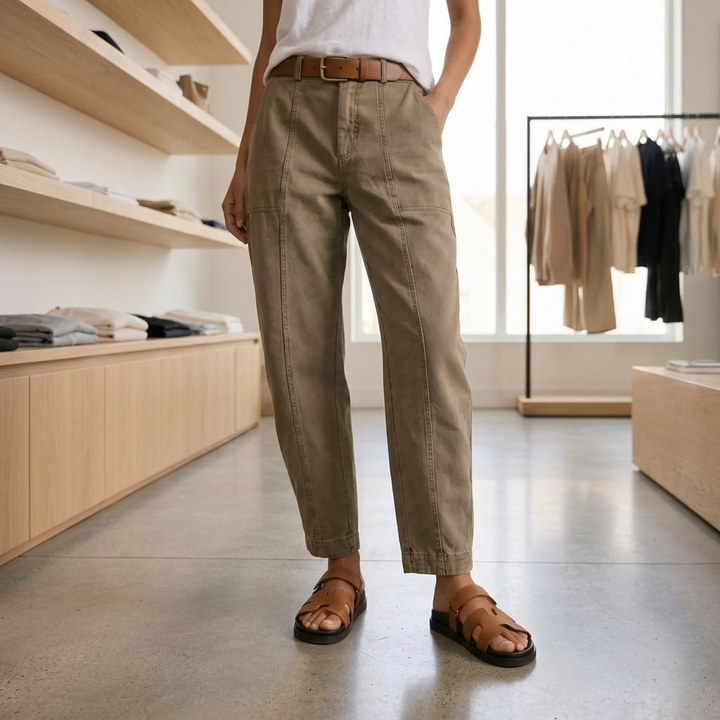 Woman wearing high waist utility pants with pockets