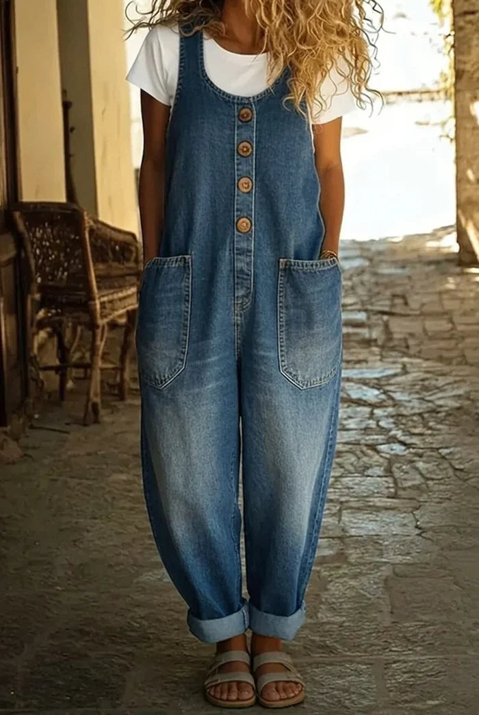 Woman wearing a wide leg jumpsuit with adjustable straps