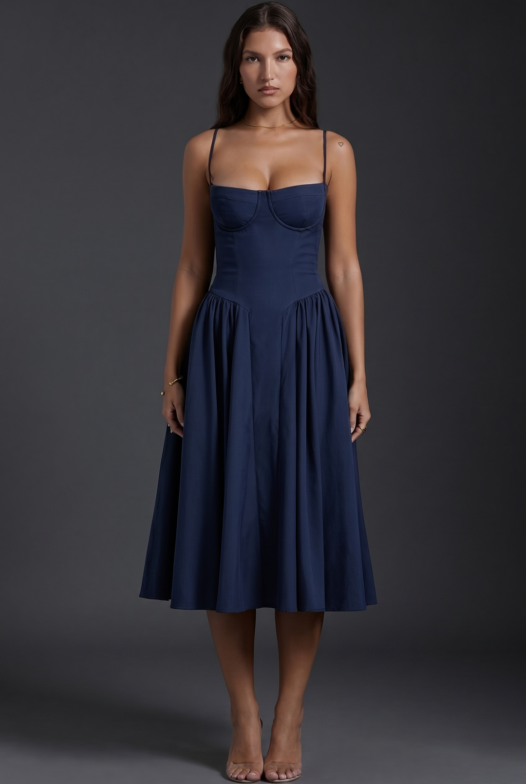 Woman wearing midi dress with adjustable straps