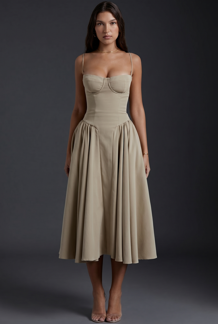 Woman wearing midi dress with adjustable straps