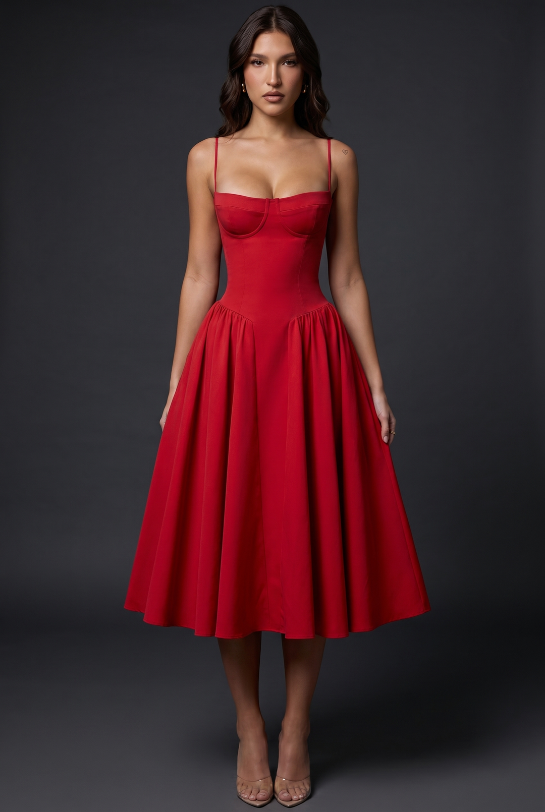 Woman wearing midi dress with adjustable straps
