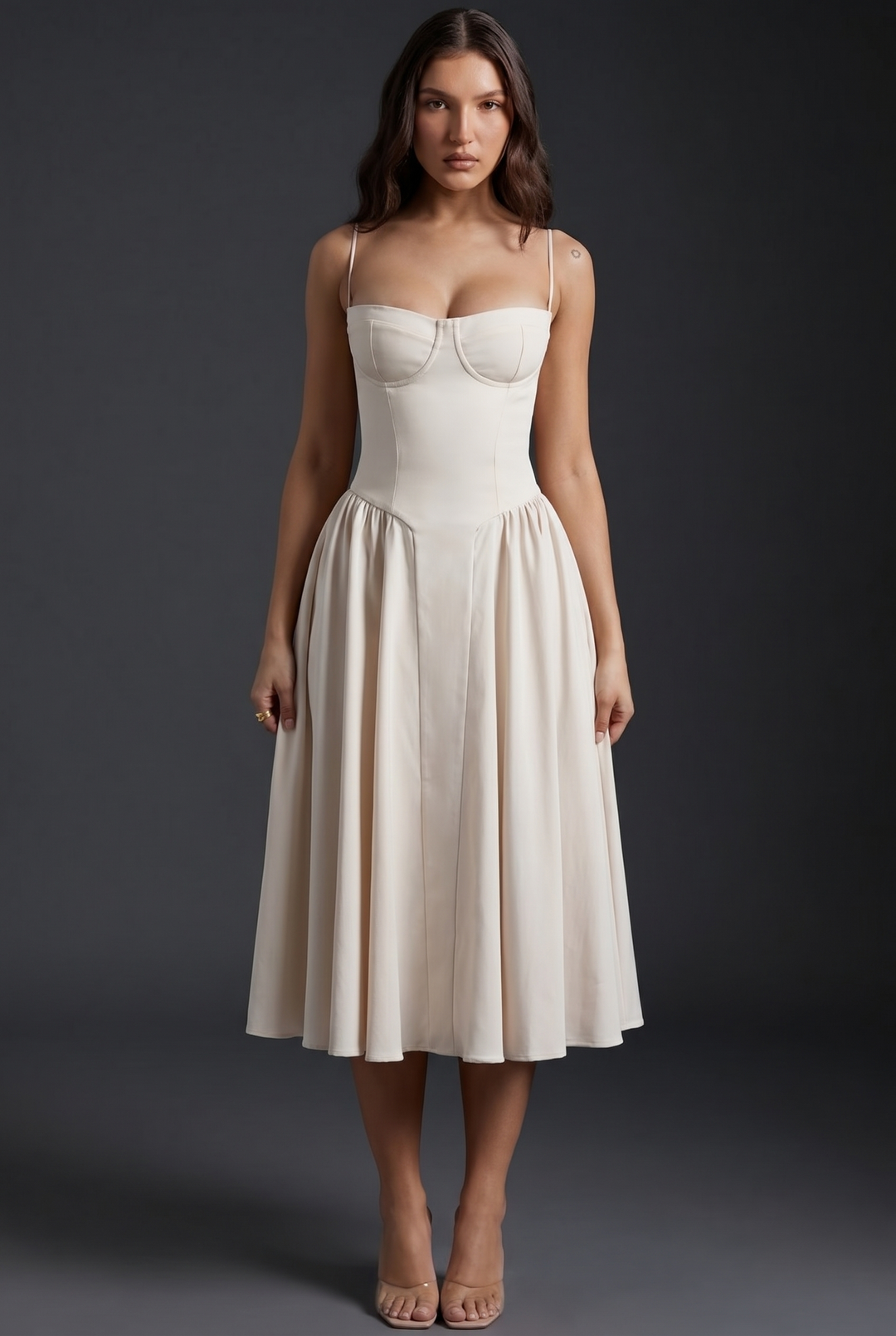 Woman wearing midi dress with adjustable straps