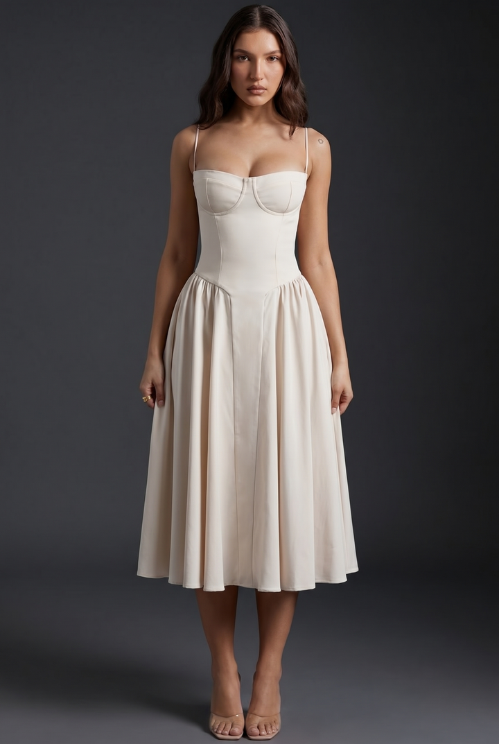 Woman wearing midi dress with adjustable straps