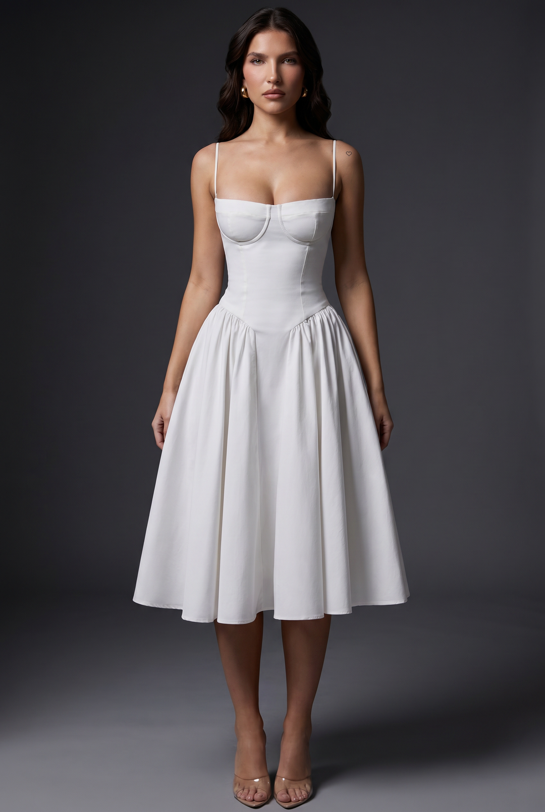 Woman wearing midi dress with adjustable straps