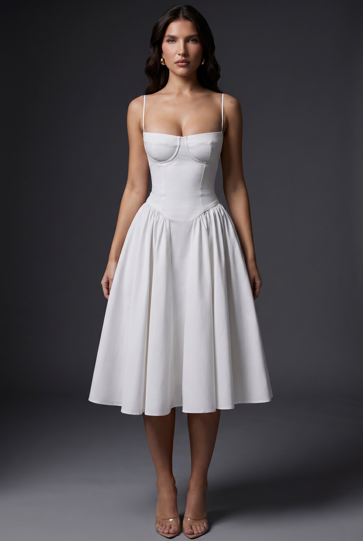 Woman wearing midi dress with adjustable straps