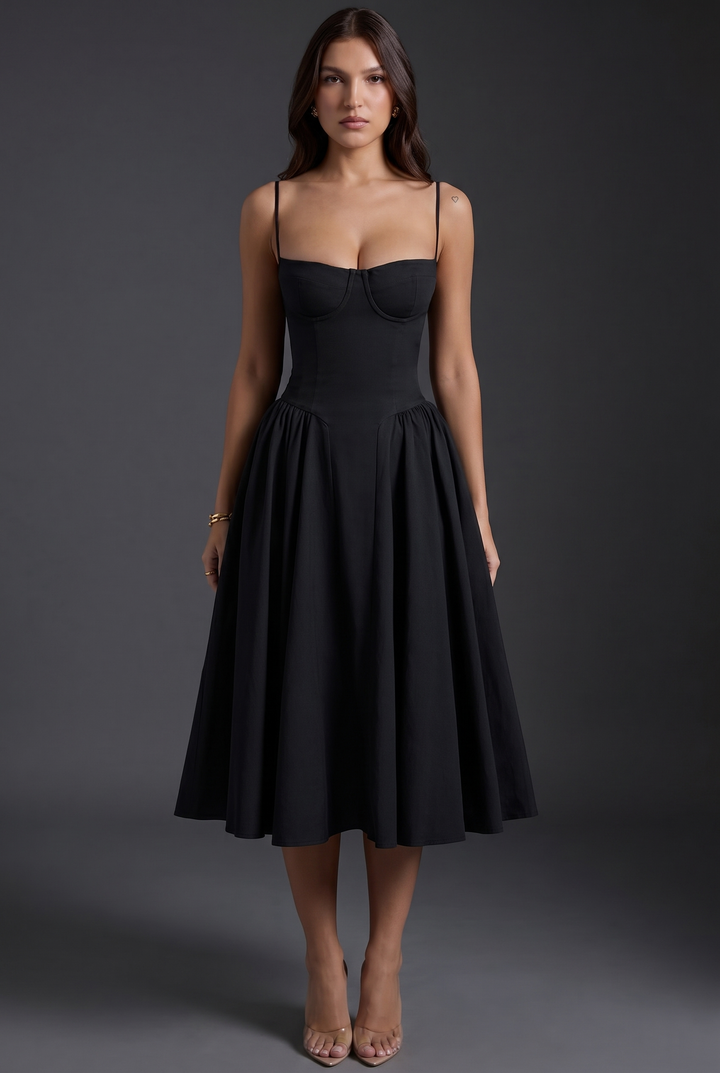 Woman wearing midi dress with adjustable straps