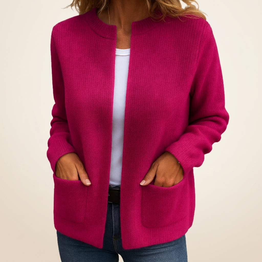 Woman wearing ribbed knit open front cardigan with pockets