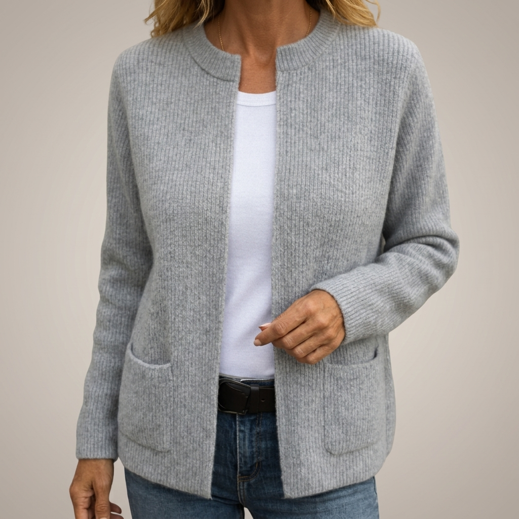 Woman wearing ribbed knit open front cardigan with pockets
