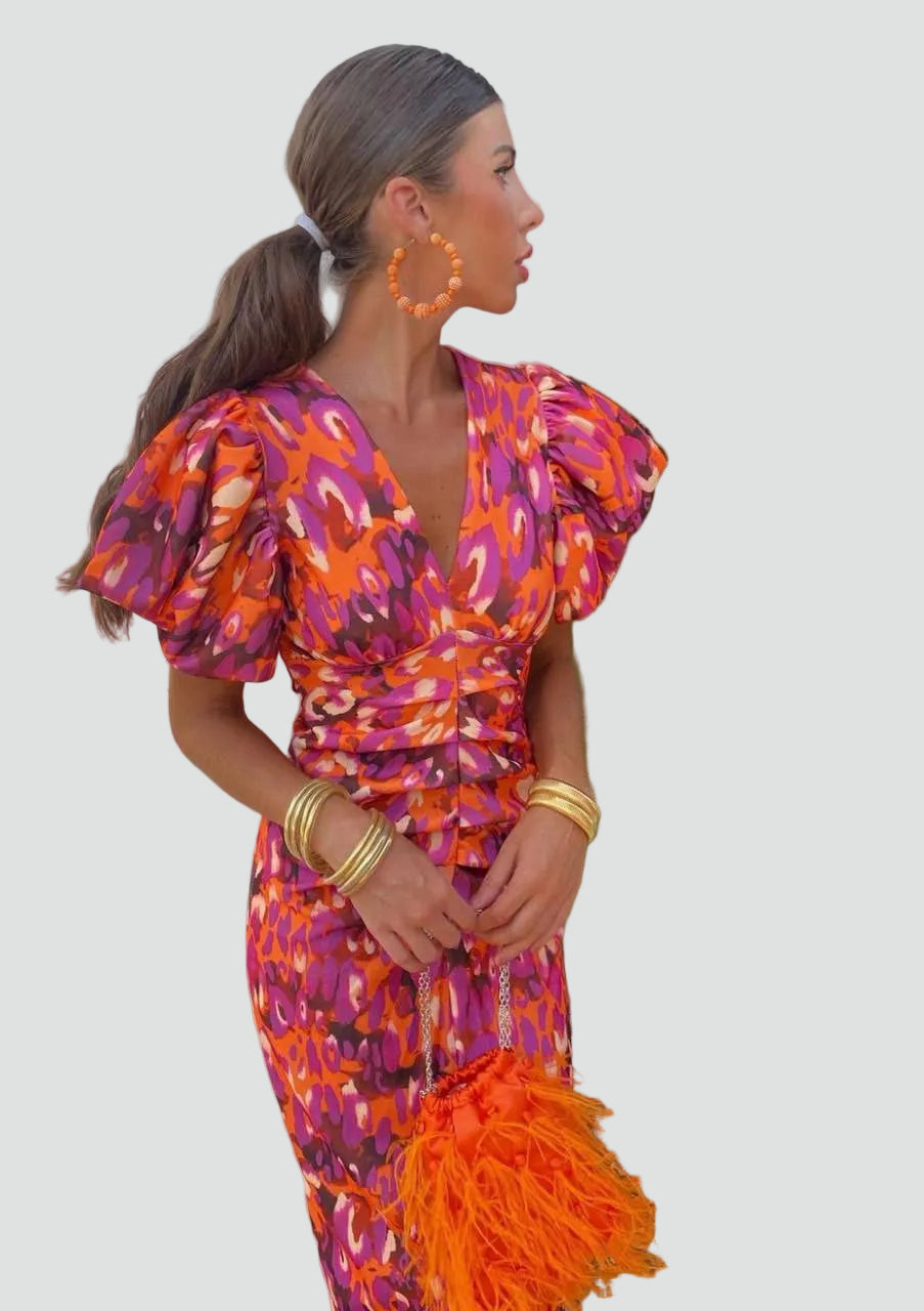 Ava | Floral Puff Sleeve Midi Dress