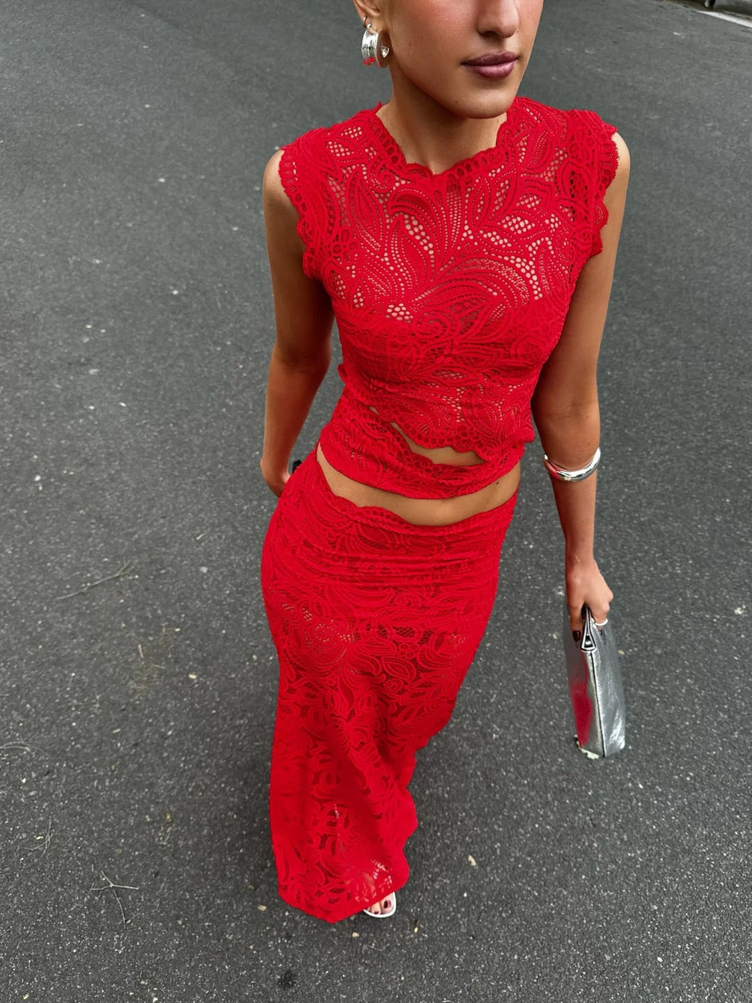 Woman wearing coordinated two-piece matching set