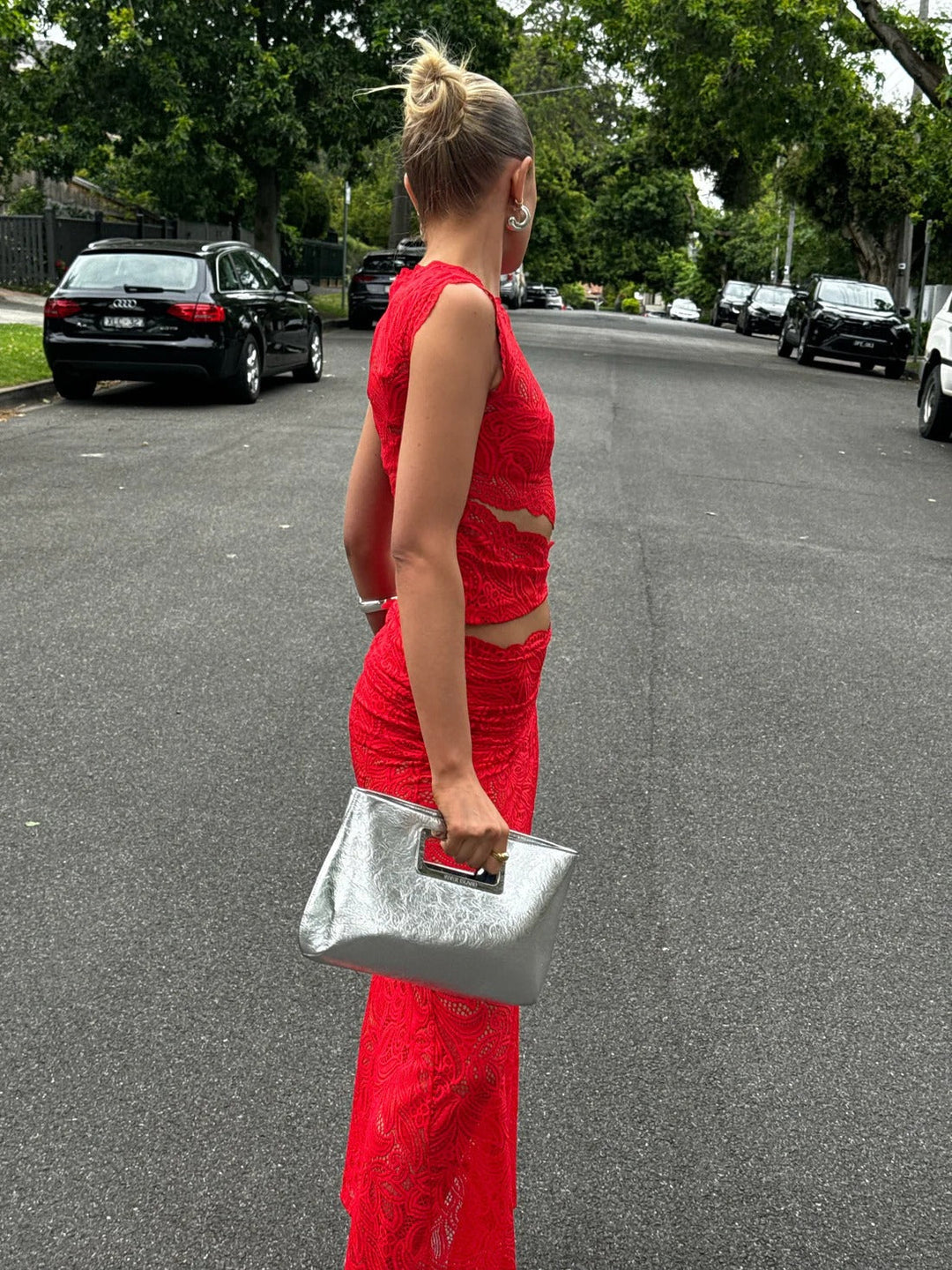 Woman wearing coordinated two-piece matching set