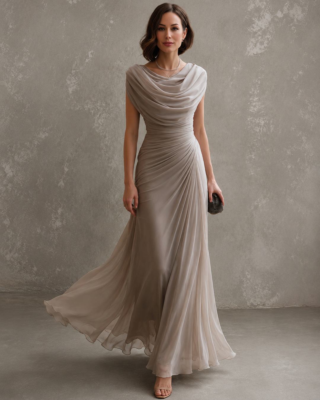 Woman wearing sleeveless draped maxi dress in full length