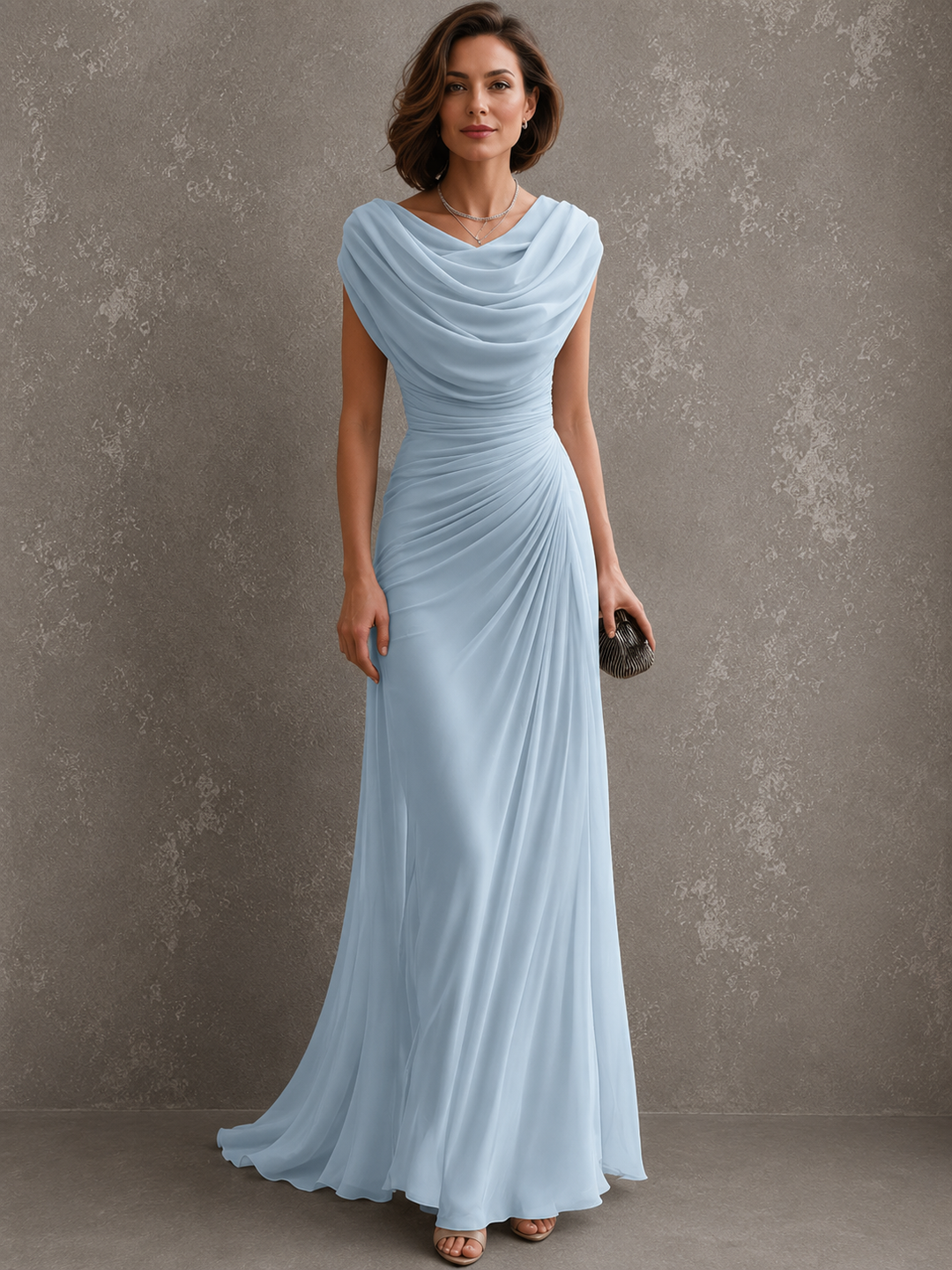 Woman wearing sleeveless draped maxi dress in full length